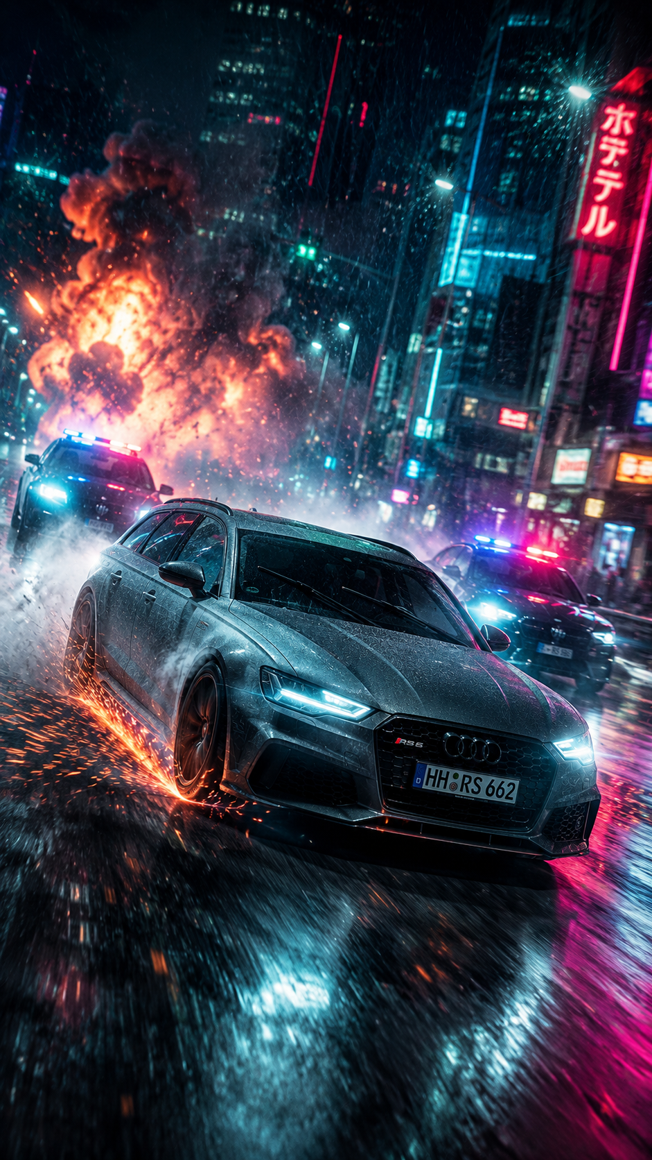 Exemple de création IA : course automobile neon